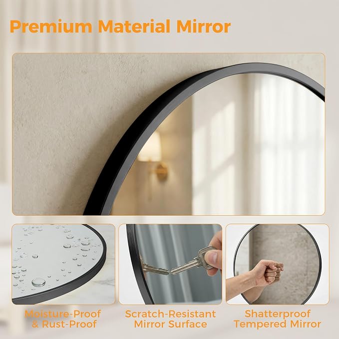 28 Inch Black Round Bathroom Wall Mirror, Round Mirrors for Wall Decor, Circle Mirror for with HD Shatter-Proof Glass for Entryway, Living Room, Bedroom, Dressing Room, Home Decor