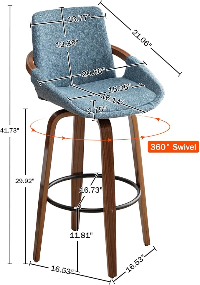 LUNLING 29.5" Bar Height Bar Stools Set of 2,Mid Century Modern Retro Bar Chairs Charcoal Blue Linen Look Fabric Upholstered and Walnut Wood Frame Barstools for Home Bar Furniture(Blue)