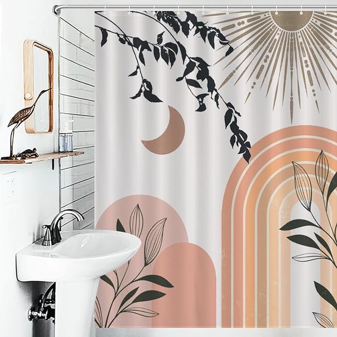 Mid Century Abstract Boho Shower Curtains Geometric Leaf Sun Modern Cafe Waterproof Shower Curtains for Bathroom Decor 12 Pack Hooks 66x72in（168x183cm）