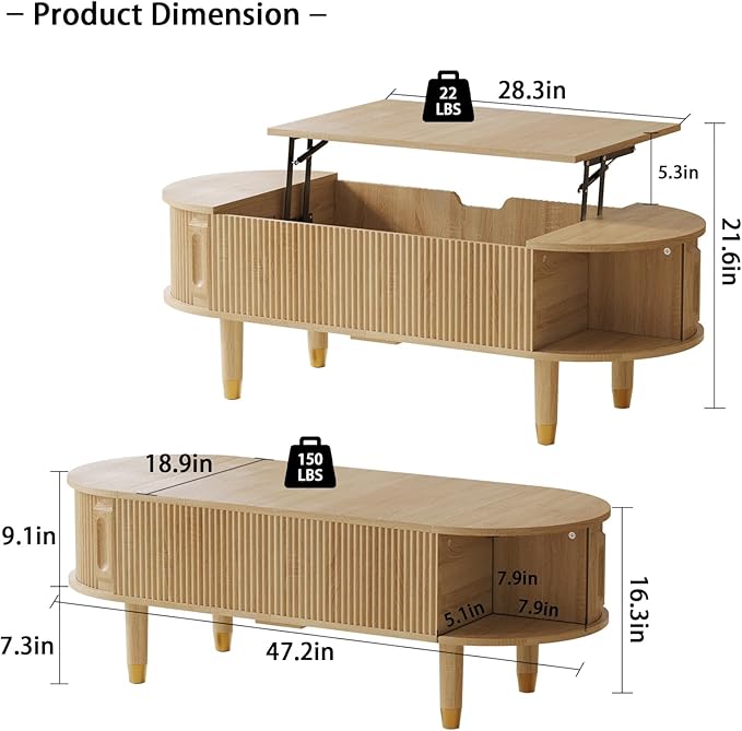 Oval Wood Coffee Table,Fluted Lift Top Coffee Table with Sliding Door and Solid Wood Legs,Suitable for Living Room,Home Office,and Apartment. (Lift Top Coffee Table-Oak)