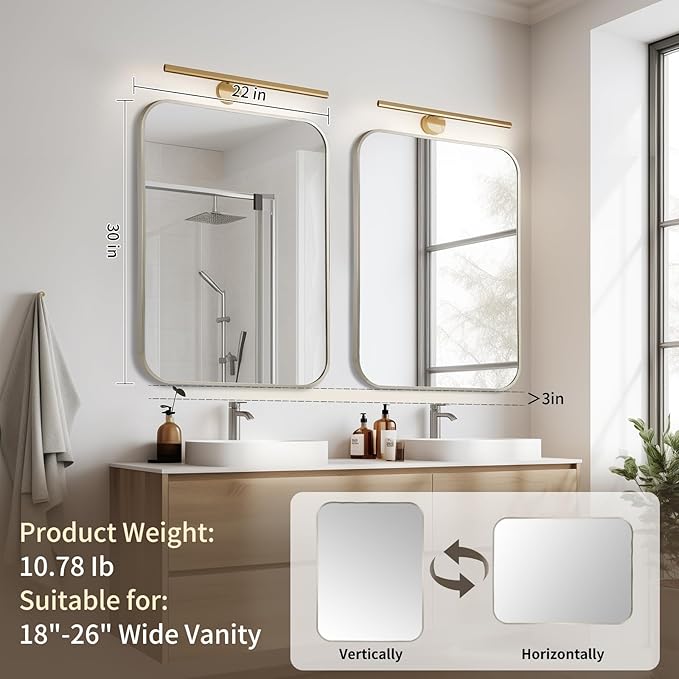 Brushed Nickel Mirror, 22x30 Inch Brushed Nickel Rectangle Mirror, Aluminum Alloy Framed Vanity Mirror, Rounded Rectangle Bathroom Mirror for Over Sink, Anti-Rust