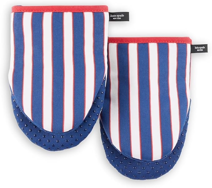 Kate Spade New York Botanical Stripe Mini Oven Mitt 2-Pack Set, 5.5" x 8", Navy Blue/Red