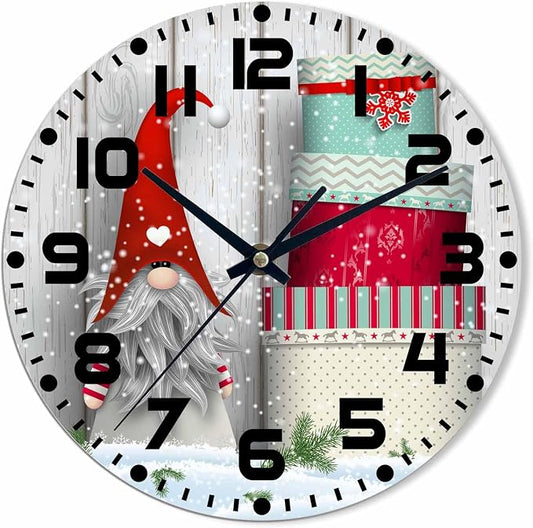 Nordic Christmas Motive Wall Clock Tomte Standing Wooden Wall in Snow Battery Powered Wall Clock Silent Non Ticking 10 Inch for Living Room, Kitchen, Home,Bathroom, Bedroom