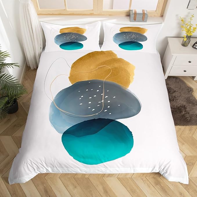 Erosebridal Geometric Bedding Sets King Vintage Minimalism Comforter Cover, Mid Century Bed Set Abstract Polka Dots Duvet Cover, Aesthetic Lines Quilt Cover Beige Dark Green White Grey 3-Piece