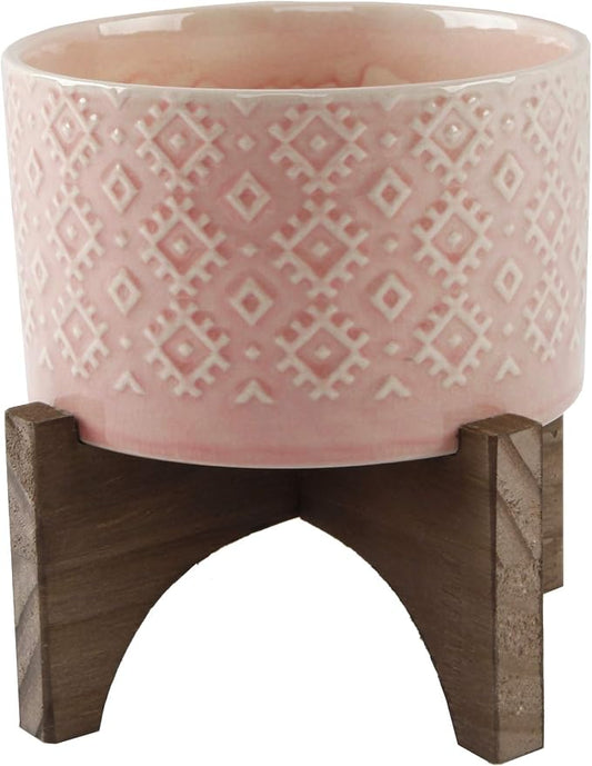 Flora Bunda Mid Century 5 inch India Ceramic Planter on Wood Stand,Glass Pink