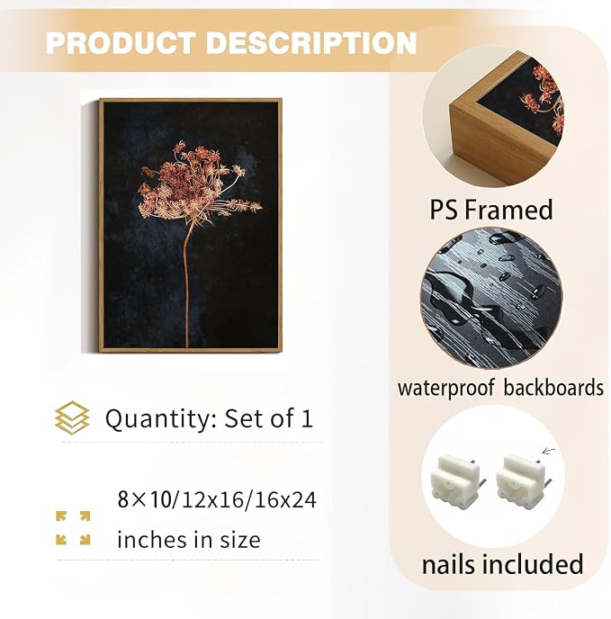 WALLZK Vintage Framed Wall Art Moody Botanical Wall Decor Dark Dried Flower Minimalist Canvas Prints Pictures Rustic Retro Artwork for Walls Living Room Bedroom Bathroom 12"x16"