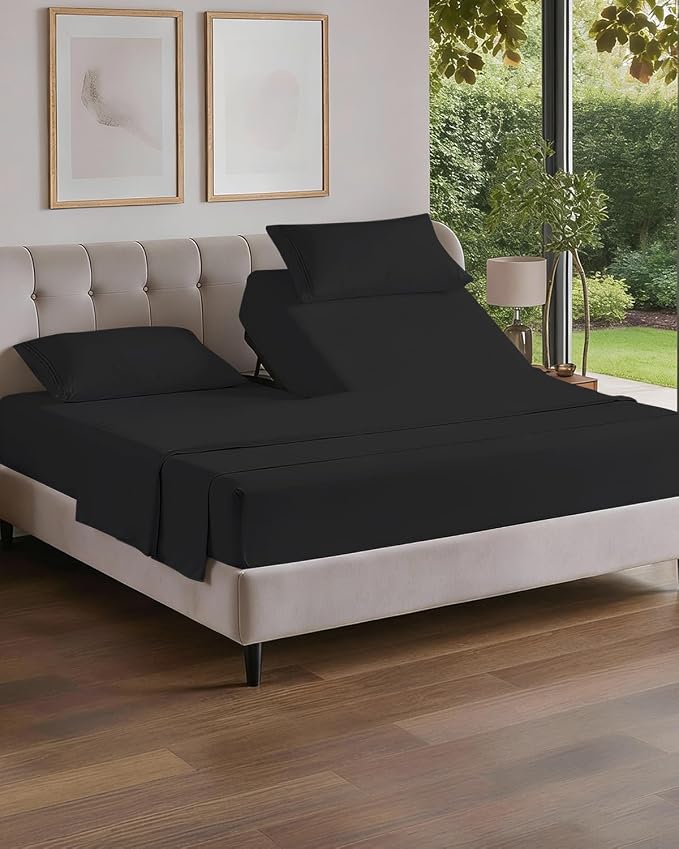 Flex Top Split Head King 4 Piece Sheet Set - Ultra-Soft, Breathable & Cooling Bed Sheets Set - Hotel Luxury Bedding for Women & Men with Deep Pockets - Wrinkle Free & Fade Resistant - Oeko-Tex - Black