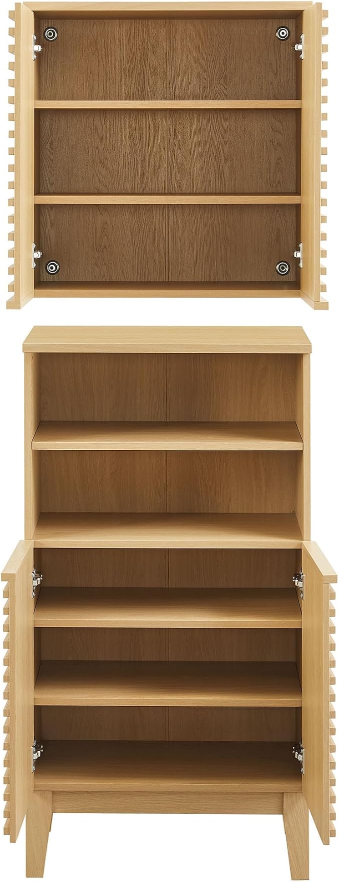 Modway Render Bathroom Cabinet Set in Oak - Freestanding Linen Cabinet and Wall Mounted Storage with Slatted Doors, Adjustable Shelves