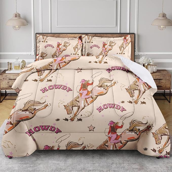 Cowgirl Cowboy Queen Comforter Set, Desert Western Cactus Bedding Set 3 Piece, All Season Soft Toddlers Children Adults Bedroom Bed Decoration Comforter and 2 Pillow Shams
