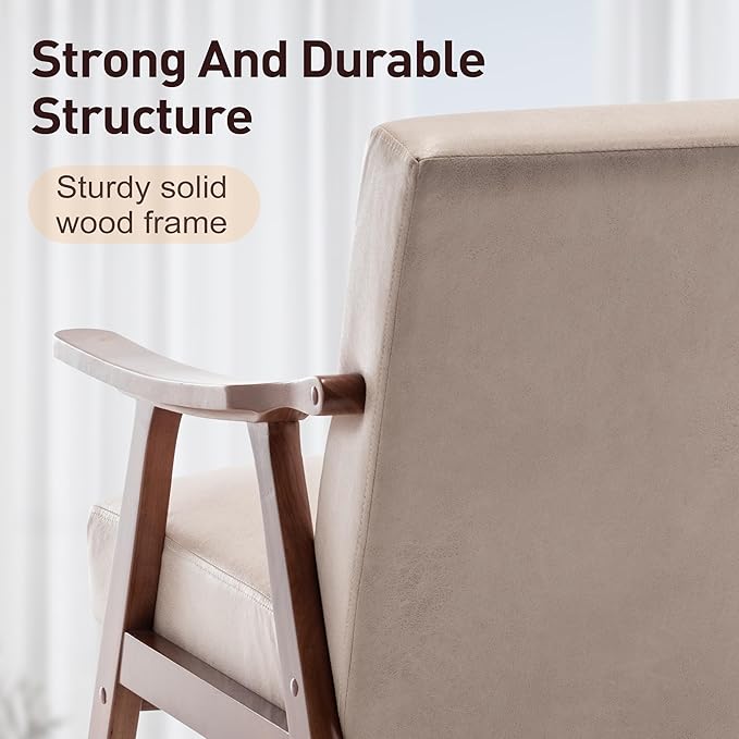 Furnimart Accent Chairs Set of 2, Mid-Century Modern Chair Reading Chairs with Extra-Thick Backrest, Wooden Armchairs for Living Room, Bedroom, Waiting Room, Beige Fabric
