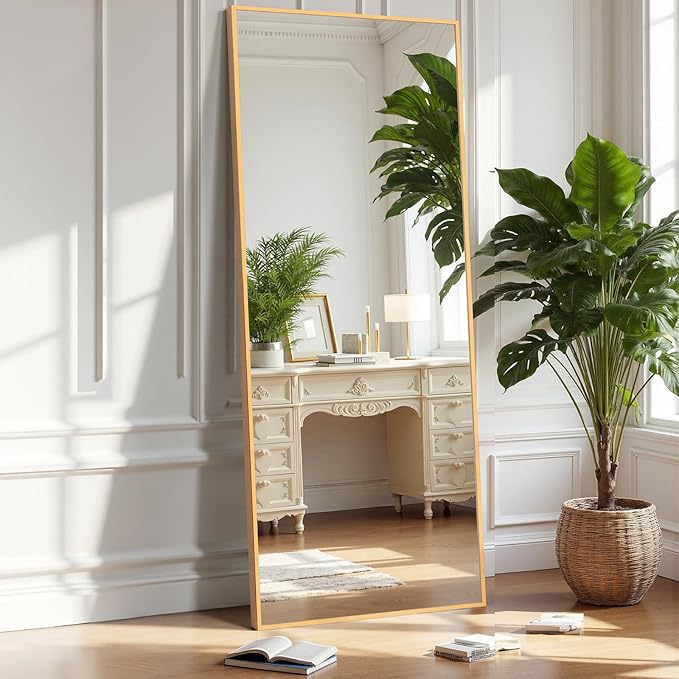 OLIXIS Full Length Mirror for Bedroom, 56"x15" Full Body Mirror with Stand, Hanging or Leaning for Wall, Aluminum Alloy Thin Frame Floor Standing for Living Room, Long, Gold