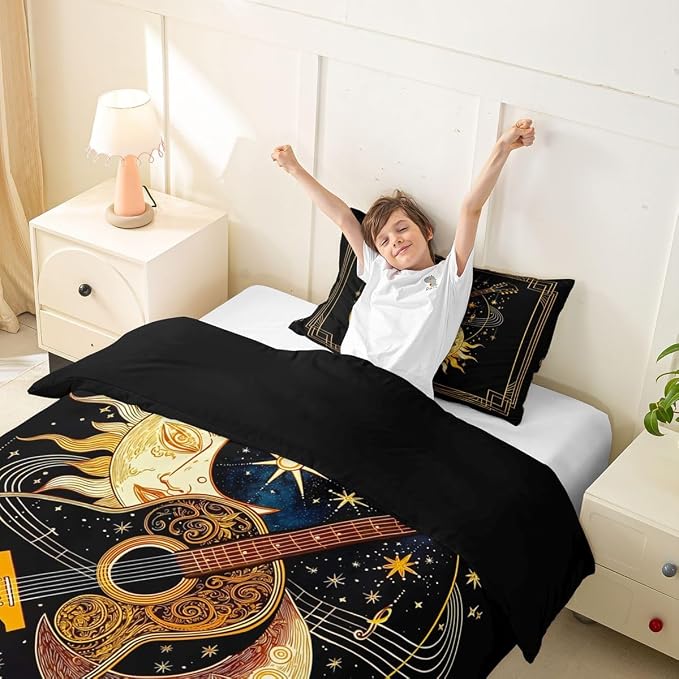 Erosebridal Boho Guitar Bedding Set Twin for Adults - Luxury Bohemia Sun Moon Duvet Cover Mystical Celestial Star Sky Comforter Cover,Romantic Music Guitar Bed Set