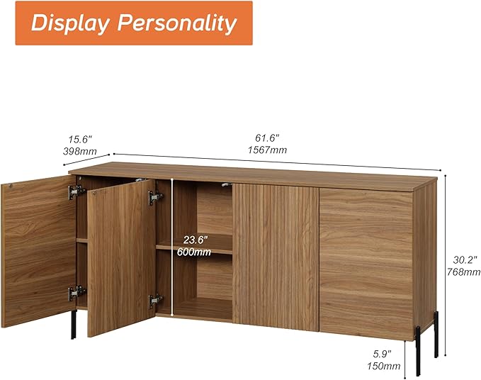 WAMPAT Fluted Buffet Cabinet with Storage, 61.5" Large Sideboard Cabinet with Storages, Modern Buffet Table Coffee Bar Wine Bar Storage Organizer with 4 Doors for Kitchen, Dining Room, Hallway, Walnut