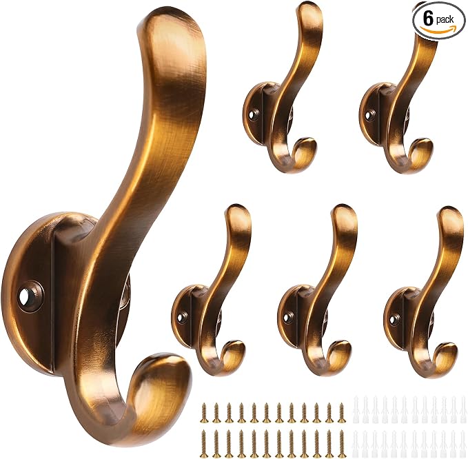 Heavy Duty Wall Hooks, Black, Metal Mounting Hardware, 6-Pack, Double Prong Design, Decorative Coat Hangers with Screws, Anchors