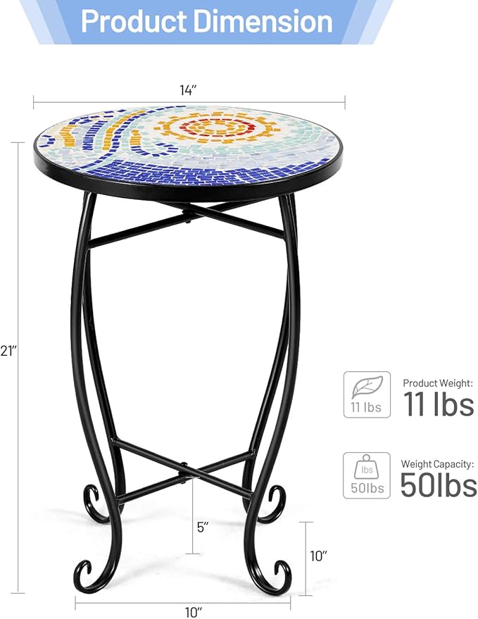 Giantex Outdoor Side Table, Mosaic Patio Table, 14inch Accent Table Plant Stand Indoor, Ceramic Tile Top Metal Frame, Small End Table Porch Beach Patio Garden Balcony Poolside