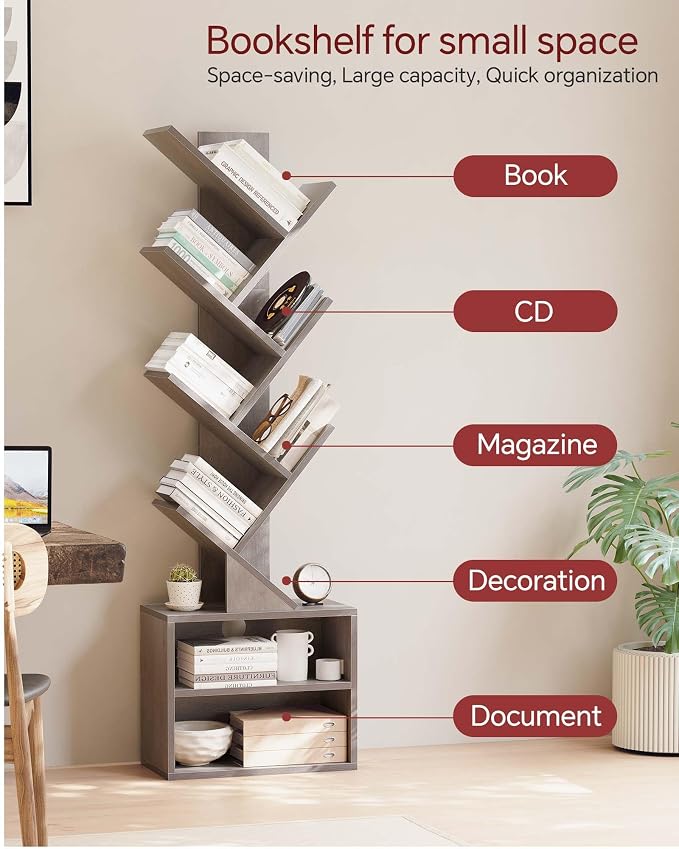 SUNMORY 6 Tier Tree Bookshelf, Tall Bookcase with Storage Cabinet, Modern Narrow Bookshelves Organizer, Floor Standing Book Shelf for Bedroom/Living Room/Home Office/Corner, Grey