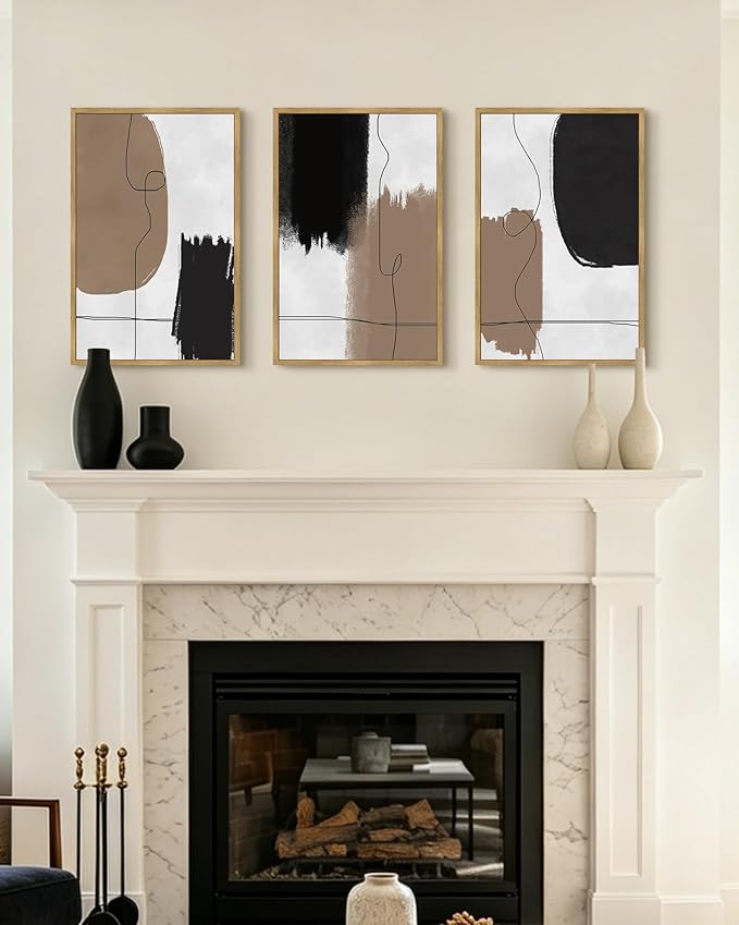 KUVIOKE Neutral Abstract Framed Wall Art Beige Mid Century Textured Wall Decor Minimalist Line Modern Illustrations Art Print Home Decor 16x24in (Natural Framed)