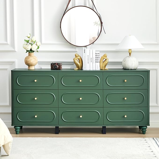 ORRD 9 Drawer Fluted Dresser for Bedroom, Mid Century Modern Chest of Drawers, Wood Storage Small Dresser Organizer for Bedroom Living Room Hallway Closet, Green