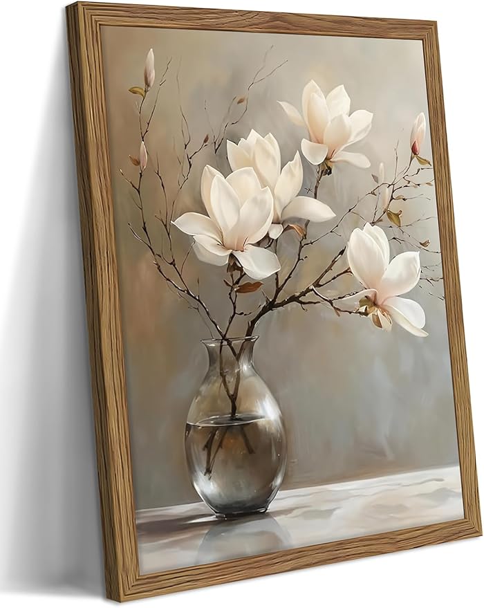 Framed Flower Canvas Wall Art, White Magnolia Branch in Vase Poster Prints, Elegant Nature Still Life Botanical Artwork, Modern Minimalist Wall Decor for Living Room Bedroom Bathroom 12x16in
