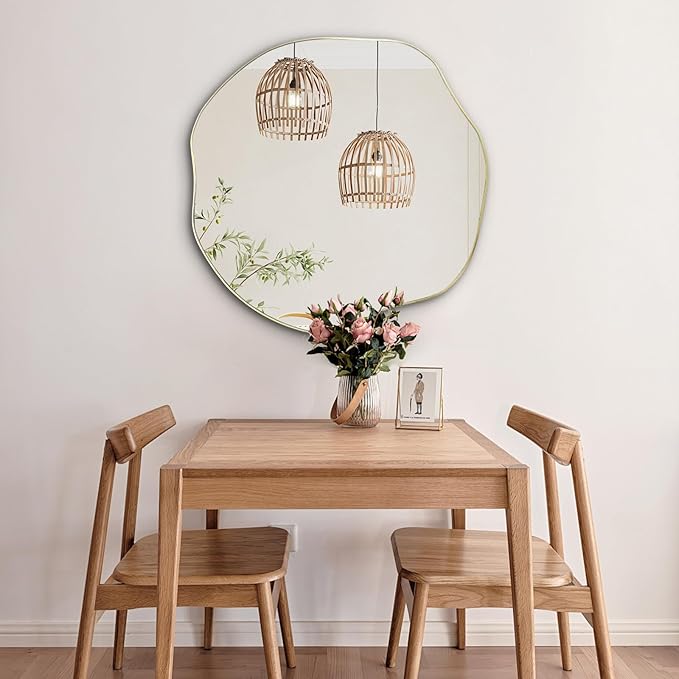 POZINO Gold Irregular Mirror, Large Asymmetrical Wall Mirror, 30" Scalloped Rounded Mirrors, Modern Frameless Abstract Mirrors for Living Room Bedroom Bathroom Entryway Hallway Fireplace