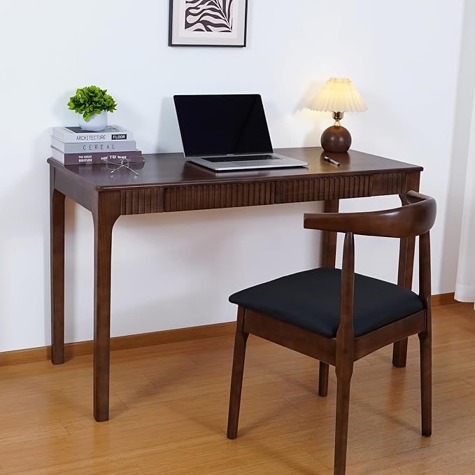 Solid Wood Desk with Drawer, Small Writing Desk for Small Spaces,Gaming Study Home Office Workbench woodenDesks for Work, 39 inch Wooden Computer Desk for Bedroom Walnut Color