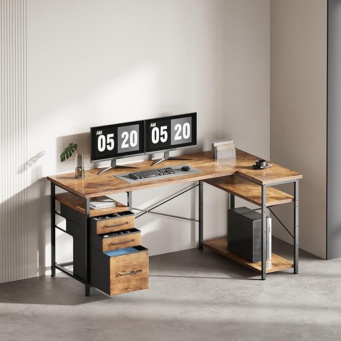 Maihail 55" Computer Desk with Drawers, Desks for Bedrooms, Writing Desk with Storage, Work Desk for Small Space, Rustic Brown