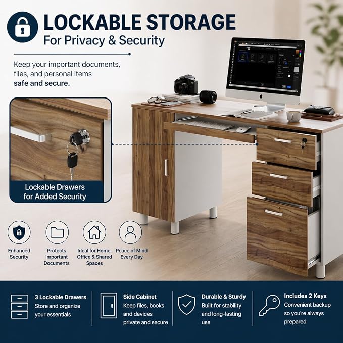 Modern Design Venice Computer Desk with Lockable Drawers, 53 Inch Home Office Desk with Storage Cabinet, Keyboard Tray & Cable Management, Modern Study Writing Desk for Small Spaces, Walnut and White