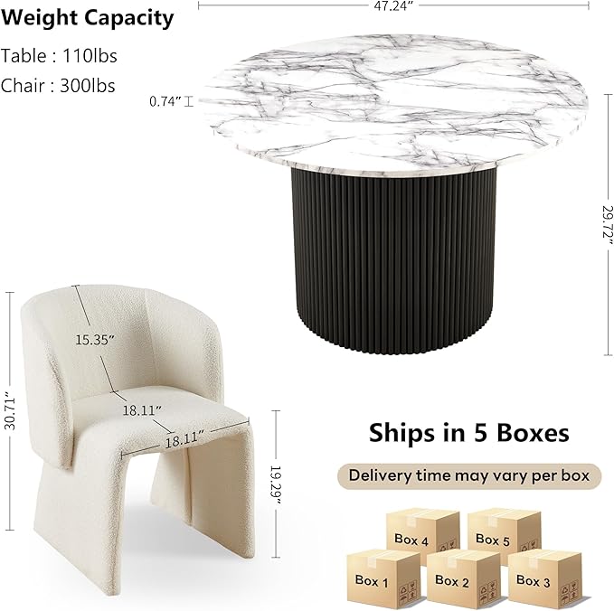 NORDICANA 5-Piece Round Dining Table Set for 4, Modern 47-Inch Kitchen Table and Chair Set, Dining Set with Off White Upholstered Armchairs, Manufactured Wood Top with White Marble Effect Finish