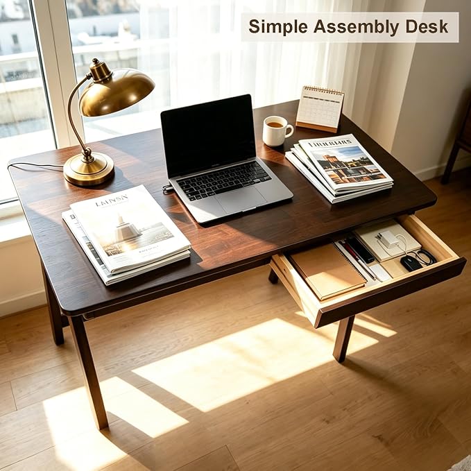 Solid Wood Desk with Drawers, Computer Desk for Home Office, Small Writing Desk for Bedroom & Small Spaces, Sturdy A-Frame, Easy Assembly (Walnut Color, 39inch)