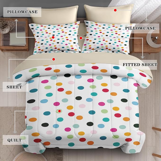 5Pcs Comforter Set Twin Size, Fun Colorful Polka Dots, Bedding Decor White Cute Girly Colored Circles Bedroom Bed Set Flat Sheet Fitted Sheet Pillowcases Shams for Kids Adults