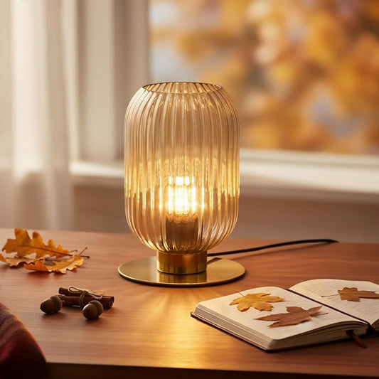 Small Table Lamp, Mid Century Modern Bedside Table Lamp, Amber Ribbed Glass Globe Table Lamp, Vintage Brass Nightstand Lamp for Bedroom Living Room Office, E26 Desk Lamp