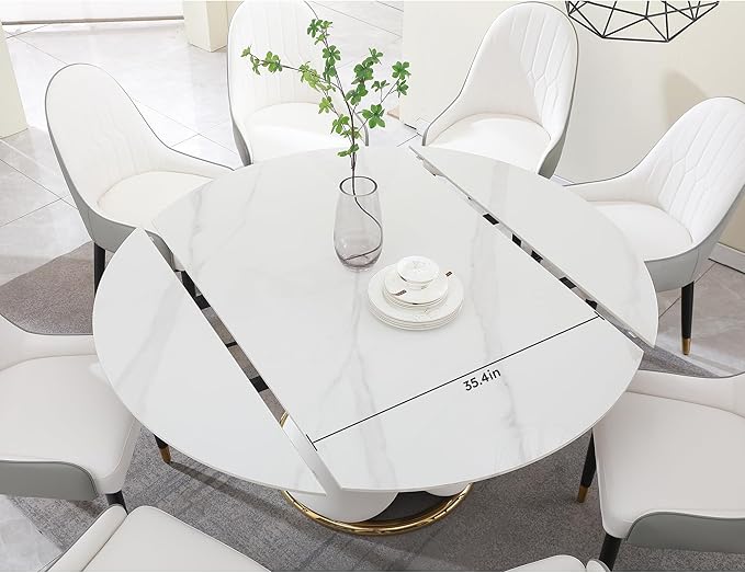 Round Marble Dining Table for 6-8, Multi-Functional Retractable Kitchen and Dining Room Table, Petal Pu Leather & Metal Base (Only Table)