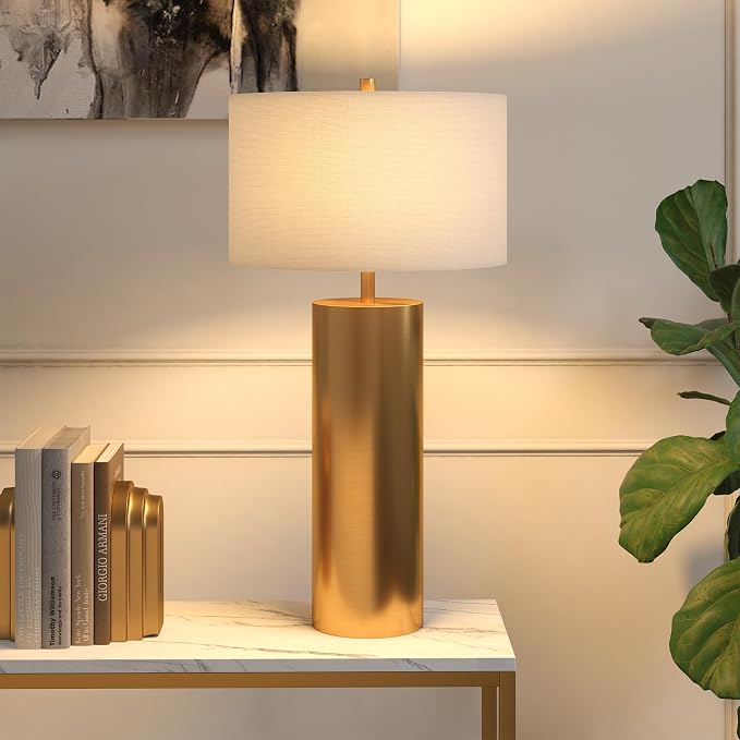 Henn&Hart 29.5" Mid-Century Modern 1-Light Table Lamp with White Fabric Drum Shade for Living Room, Bedroom, or Office, Brass