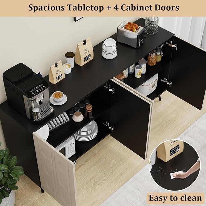Sideboard Buffet Cabinet with Storage: 63" Black and Oak Credenza Storage Cabinet for Living Room, Mid Century Modern Console Table with 4 Doors, Fluted Long Accent Cabinets (Oak)