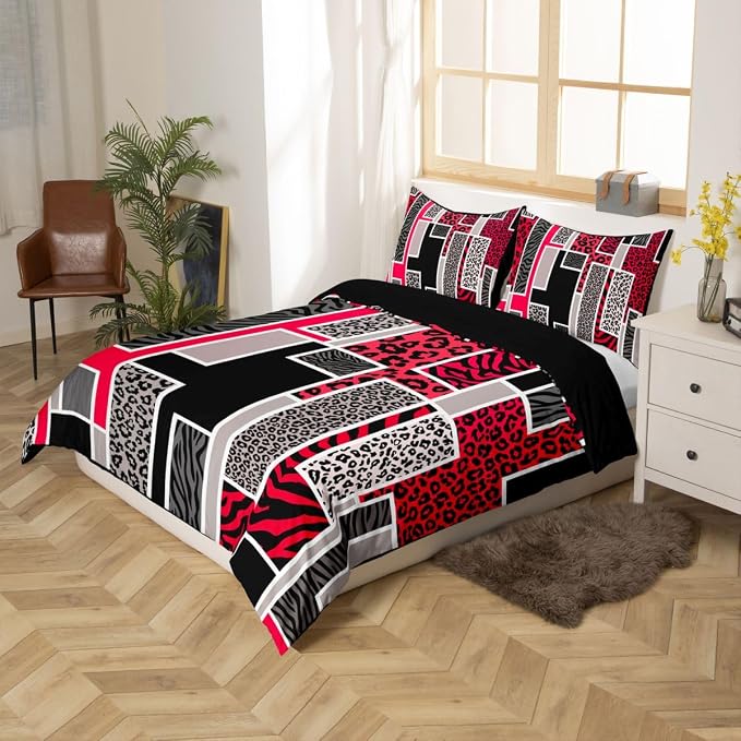 Erosebridal Red Black Grey Leopard Bedding Set King African Animal Leopard Skin Print Duvet Cover Cheetah Zebra Wildlife Comforter Cover for Kids Teen Adults,Geometric Stripes Patchwork Bed Set