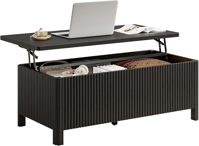 ONBRILL Fluted Lift Top Coffee Table with Storage, Mid Century Modern Coffee Table with Hidden Compartment, Rising Top Wood Center Table for Living Room, Home Office, Rounded Edges (Black)
