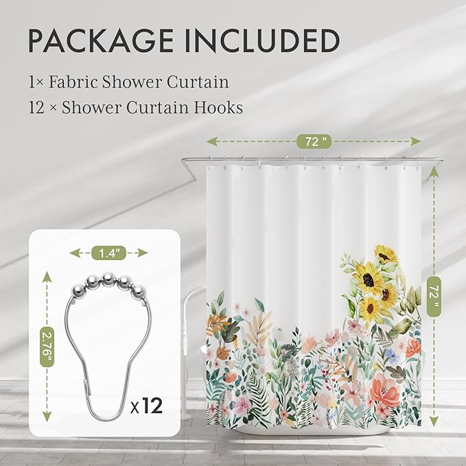 AmazerBath Floral Shower Curtain, Cloth Fall Flower Shower Curtains for Bathroom Decor, Rustic Washable Sunflower Eucalyptus and Leaves Fabric Shower Curtain Sets with 12 Metal Hooks, 72x72 Inches