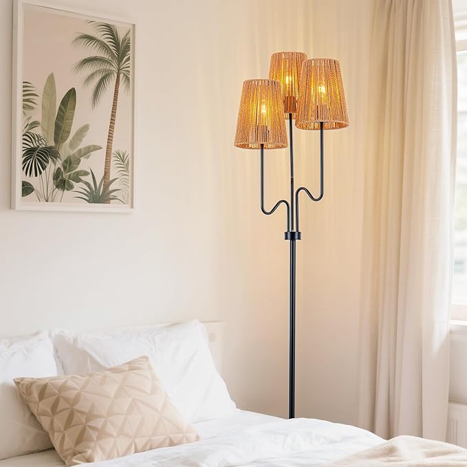 MAYNA 68" Boho Rattan Floor Lamp, 3-Light Black Tree Floor Lamp with Hand-Woven Wicker Shades, Tall Standing Lamp with Foot Switch for Living Room, Bedroom, Nursery, Rustic Farmhouse Decor