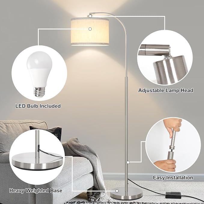 Arc Floor Lamp, Dimmable Floor Lamp for Living Room, Standing Lamp with Adjustable Drum Shade, Tall Pole Lamp for Bedroom Study Room Office, 9W 3000K LED Bulb Included