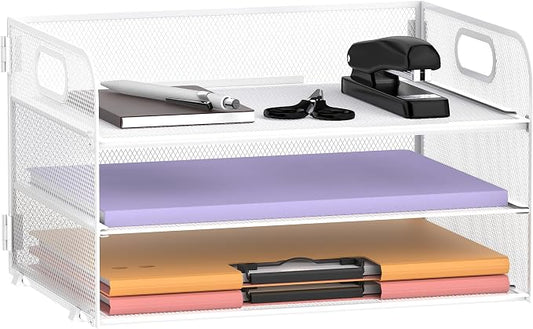 Supeasy 3 Tier Paper Organizer with Handle, Mesh Desk Organizer Letter Tray, Paper Tray File Organizer for A4 File Folder, White