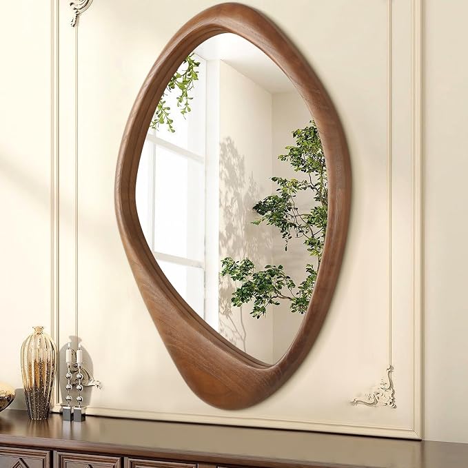 AAZZKANG Asymmetrical Wall Mirror Large 28"x20" Retro Irregular Vanity Mirrors Decorative for Bathroom Bedroom Living Room Hallway Brown