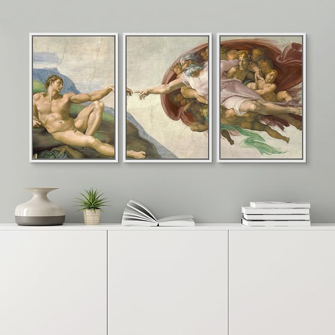 wall26 Framed Canvas Print Wall Art Set Creation of Adam by Michelangelo Cultural Historic Oil Painting Fine Art Reproduction Scenic Colorful for Living Room, Bedroom, Office - 24"x36"x3 White