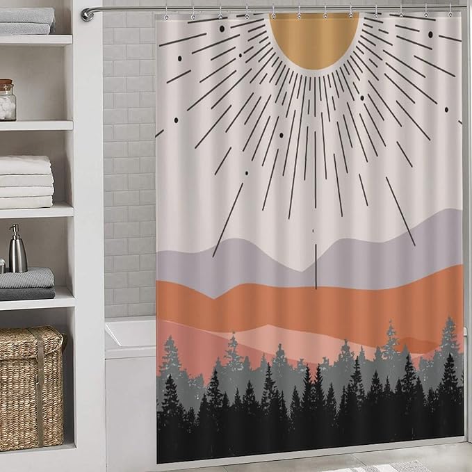 Mid Century Boho Shower Curtain,Abstract Sunset Geometric Mountain Forest Aesthetic Bathroom Curtain Polyester Waterproof Fabric Decor 66x72in（168x183cm）