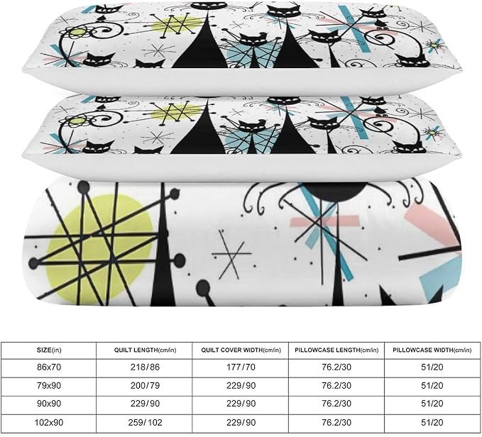 Mid Century Duvet Cover Sets Vintage Black Cat Modern Style Printed Lightweight Soft Quilt Cover Abstract Geometric Minimalist Soft Microfiber 3 Piece (1 Duvet Cover 90x90in + 2 Pillow Sham 20x30in)
