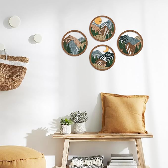 TOARTi 4Pcs Boho Mountain Wooden Wall Art,Abstract Sun Moon Pine Tree Wall Decor,Natural Mountain Landscape Artwork,Minimalist Geometric Forest Hanging Sign for Farmhouse Living Room Bedroom Office