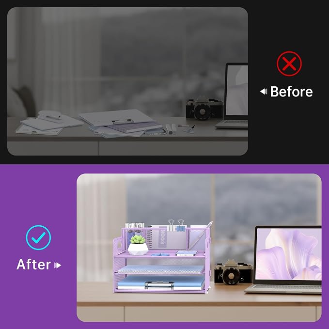 SUPEASY 3 Tier Desk Organizer with Handle & 3 Pen Holders, Mesh Paper/File Organizer for Desk, Paper Letter Tray Organizer for Office Supplies (Light Purple)