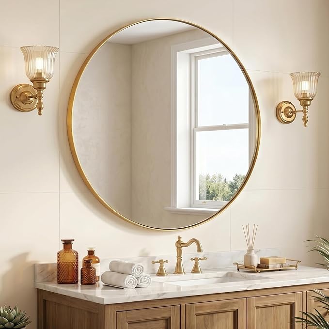 ANDY STAR Champagne Bronze Mirror, Large Round Mirrors for Bathroom, 40 Inch Brushed Gold Round Mirror with Anti-Rust Metal Frame, Heavy Duty, Ideal for Home Remodel