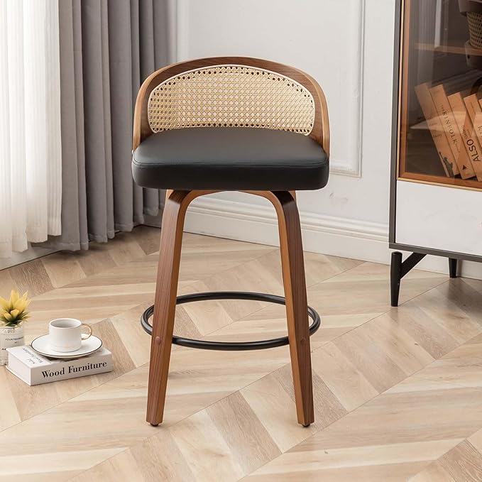 26" Swivel Rattan Bar Stools,Mid-Century Modern Black Leather Upholstered Counter Height Stools,Kitchen Island Barstools with Rattan Low Backrest,Walnut Wood Finish Bar Chair,1PCS