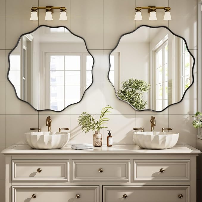 Round Wavy Mirror - 24 Inch Bathroom Vanity Mirror Metal Frame Circle Wall Mounted Mirror for Bedroom Living Room Entryway, Black