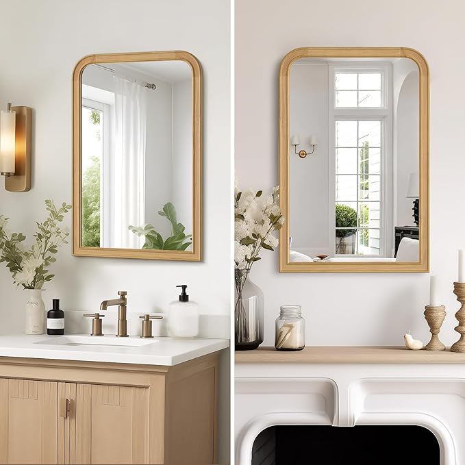 HOMECOOKIN 20" x 30" Wood Framed Mirror Bathroom Mirrors for Wall, Natural Arched Wood Bathroom Vanity Mirror for Entryway, Living Room or Bedroom Home Decor